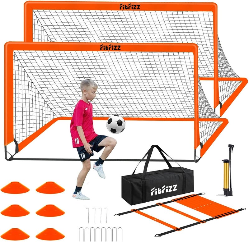 FITFIZZ هدف كرة القدم، أهداف كرة القدم للفناء الخلفي، شبكة كرة قدم قابلة للطي بحجم 6x4 قدم، معدات تدريب كرة القدم مع كرة القدم، سلم وأقماع - Image 1
